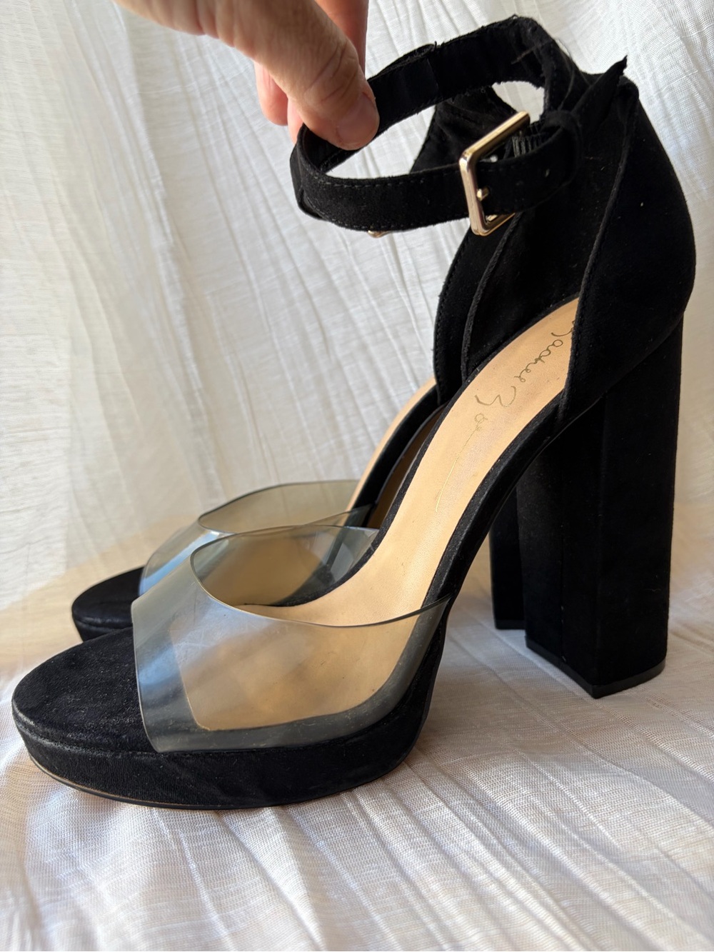 Rachel Zoe Black Suede Block Heel Sandals with Clear Strap Size 9 Glam Event